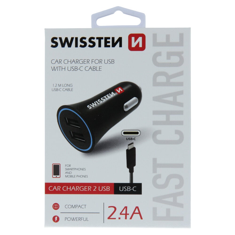 Swissten Chargeur Voiture Double USB A avec  câble USB/USB C 1.20m