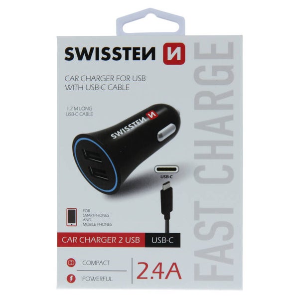 Swissten Chargeur Voiture Double USB A avec  câble USB/USB C 1.20m