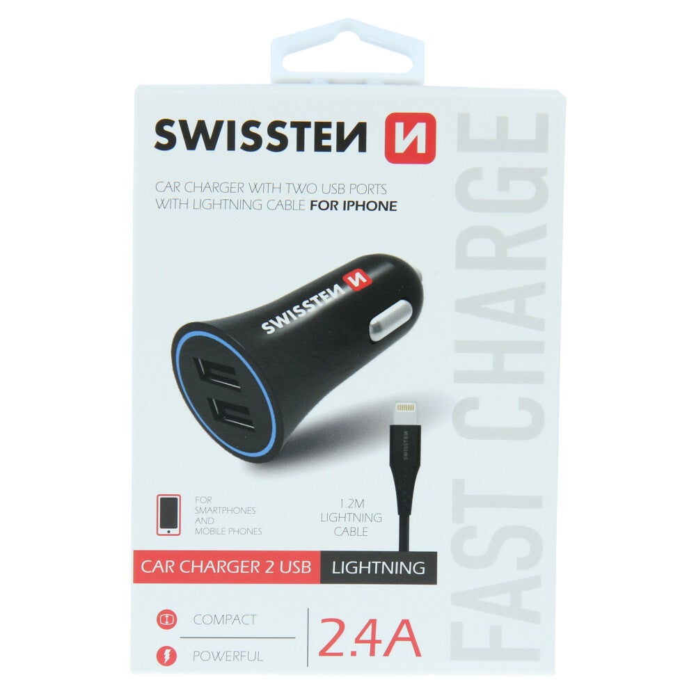 Swissten Chargeur Voiture Double USB A avec  câble USB/Lightning 1.20m