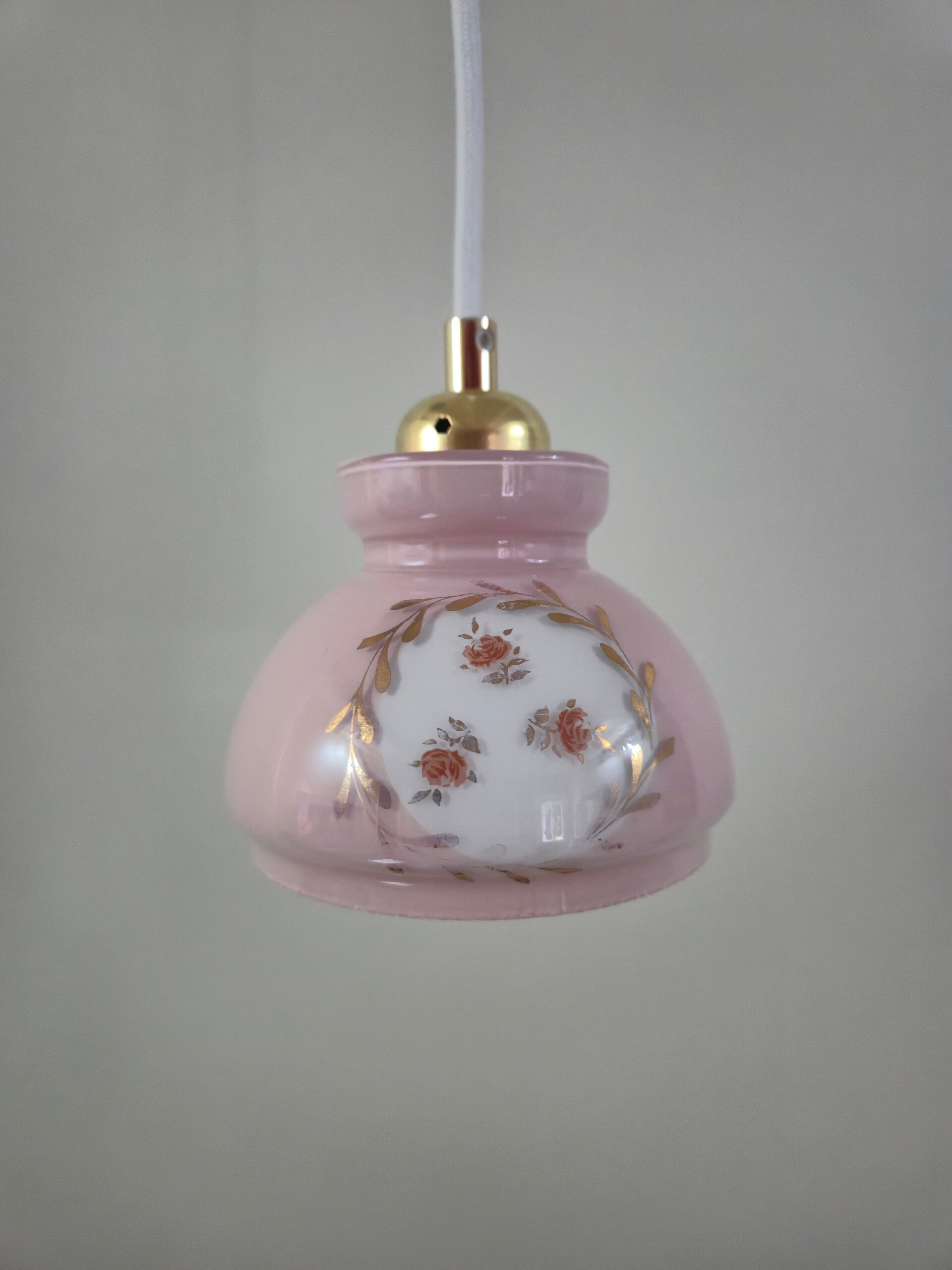 Art Deco Pink Rose Hanglamp , Roze Glazen Vintage Hanglamp met Bloemendecor