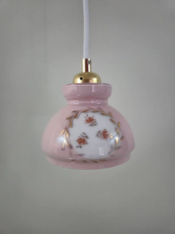 Art Deco Pink Rose Hanglamp , Roze Glazen Vintage Hanglamp met Bloemendecor