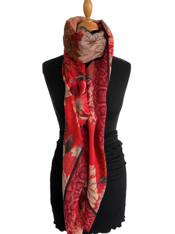 HIGHFIELD SHAWL DESSIN BLOEM MET EEN BREDE BORDER MET ANIMAL PRINT WOL MULTICOLOUR/ROOD