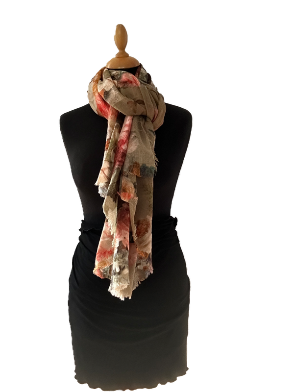 HIGHFIELD SHAWL DESSIN “FLOWER” MERINO WOL 90CM X 190CM – TAUPE/SAND