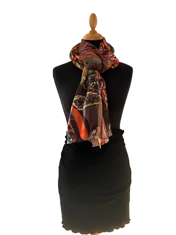 HIGHFIELD SHAWL DESSIN “FANCY PAISLEY” 92% WOL 8% KATOEN, GEWEVEN RAND, 70CM X 180CM. KLEUR MULTICOLOR
