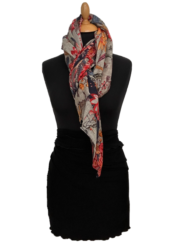 HIGHFIELD SHAWL DESSIN NATURE/BLOEMEN VOGELS PRINT COLOURS ZAND/BLAUW