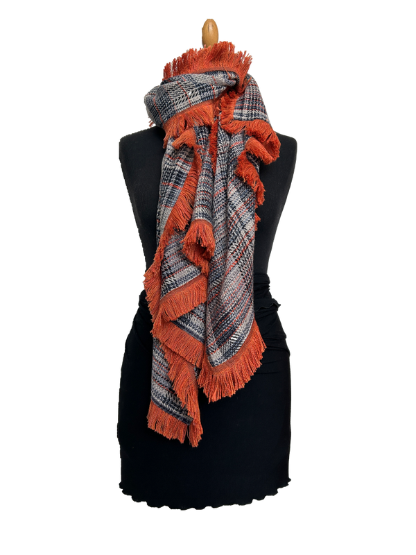 HIGHFIELD GEWEVEN SHAWL IN RUIT DESSIN MET STOERE FRANJE RONDOM KLEUR ZAND/GRIJS/NAVY/ORANJE 70 X 180CM