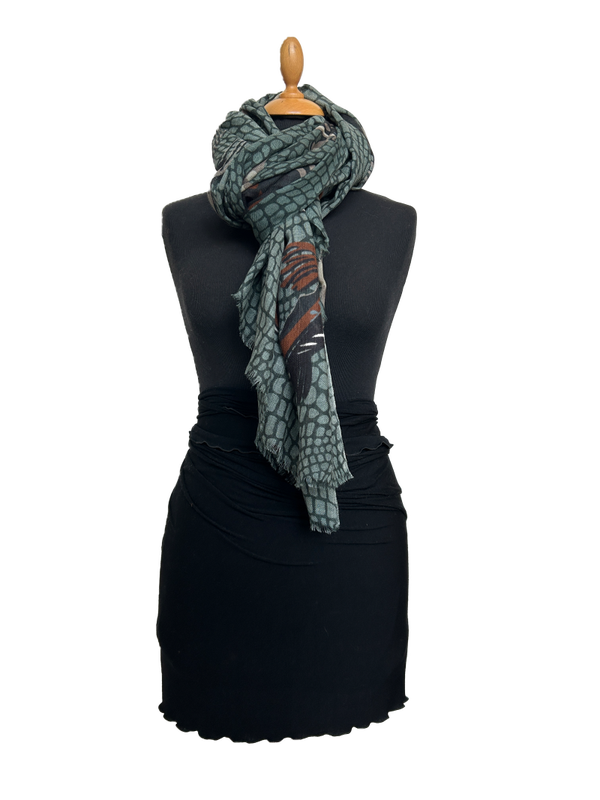 HIGHFIELD SHAWL DESSIN “ANIMAL PRINT-SNAKE” WOL, 90CM X 190CM, KLEUR GROEN/ZWART/BRUIN