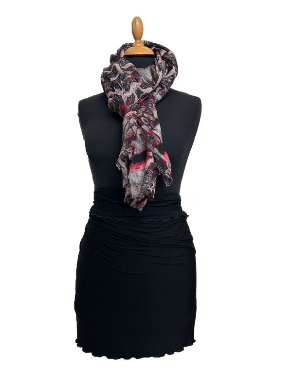 HIGHFIELD SHAWL DESSIN “MARBLE” WOL, 90CM X 190CM, KLEUR ZWART/ROSE/GRIJS/ROOD