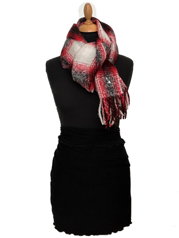 HIGHFIELD GEWEVEN ITALIAANSE SHAWL IN RUIT DESSIN. KLEUR OFFWHITE/ROOD/ZWART 40 X 180CM