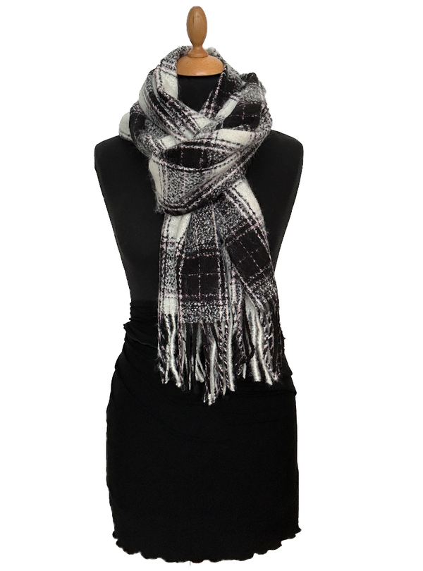 HIGHFIELD GEWEVEN ITALIAANSE SHAWL IN RUIT DESSIN. KLEUR OFFWHITE, ZWART/ROSE 40 X 180CM