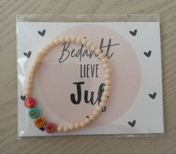Kaart met armbandje - Bedankt lieve juf