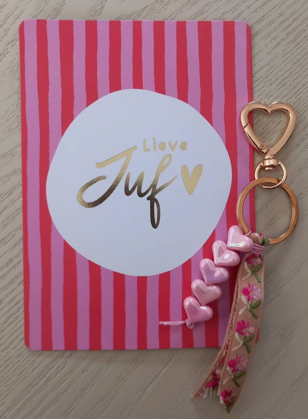 Juf bedankje - Sleutelhanger hartjes/lint