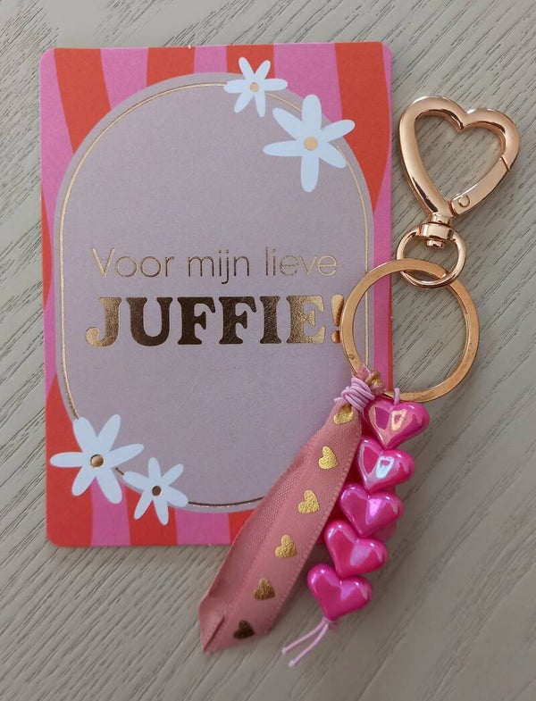 Juf bedankje - Sleutelhanger hartjes/lint