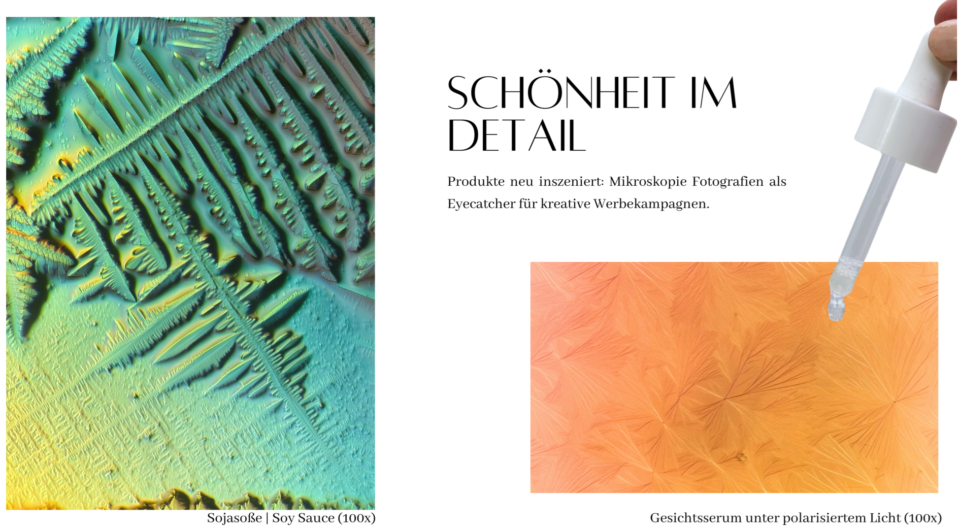 Mikrofotografie für kreatives Marketing, Produkte unter dem Mikroskop neu inszeniert - Schönheit im Detail, Eyecatcher für kreative Marketingkampagnen, Werbung, Gesichtsserum und Sojasauce Kristalle unter dem Mikroskop