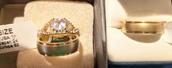 Wedding set Gold plated CZ on Entwined band and around Large Square Stone