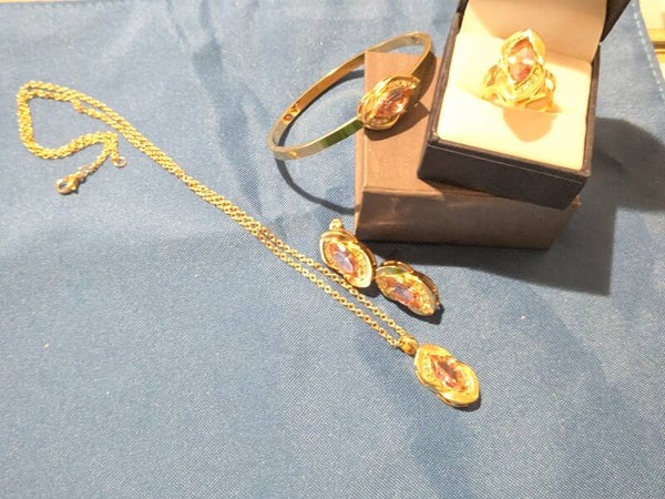 Woman Stainless Steel Gold Color Set, Necklace, Earrings, Ring  and Bracelet with Pink Stone