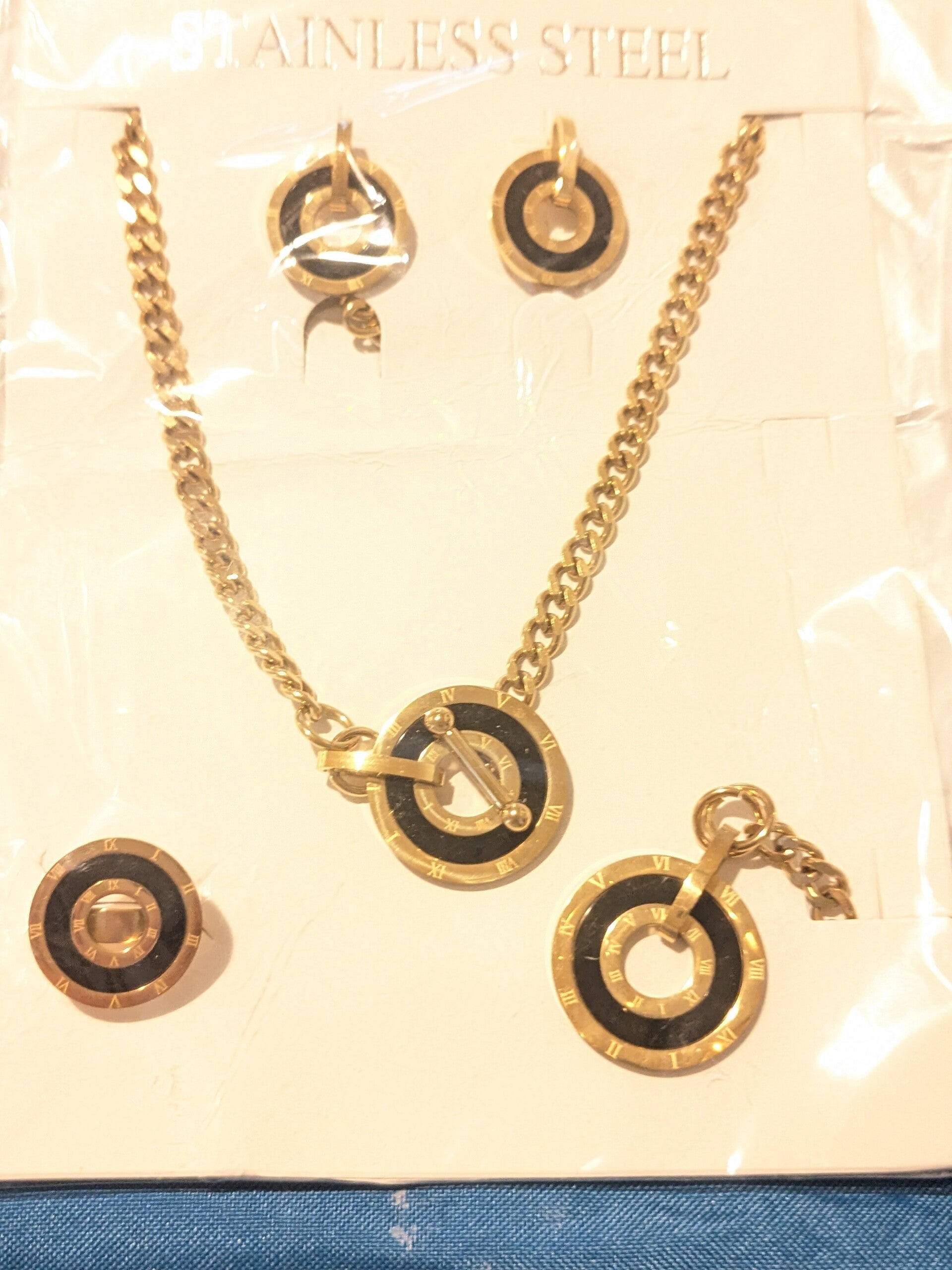 Woman Stainless Steel Gold Tone Set, Necklace, Earrings, Ring and Bracelet with Navy Blue Beautiful Clock Design