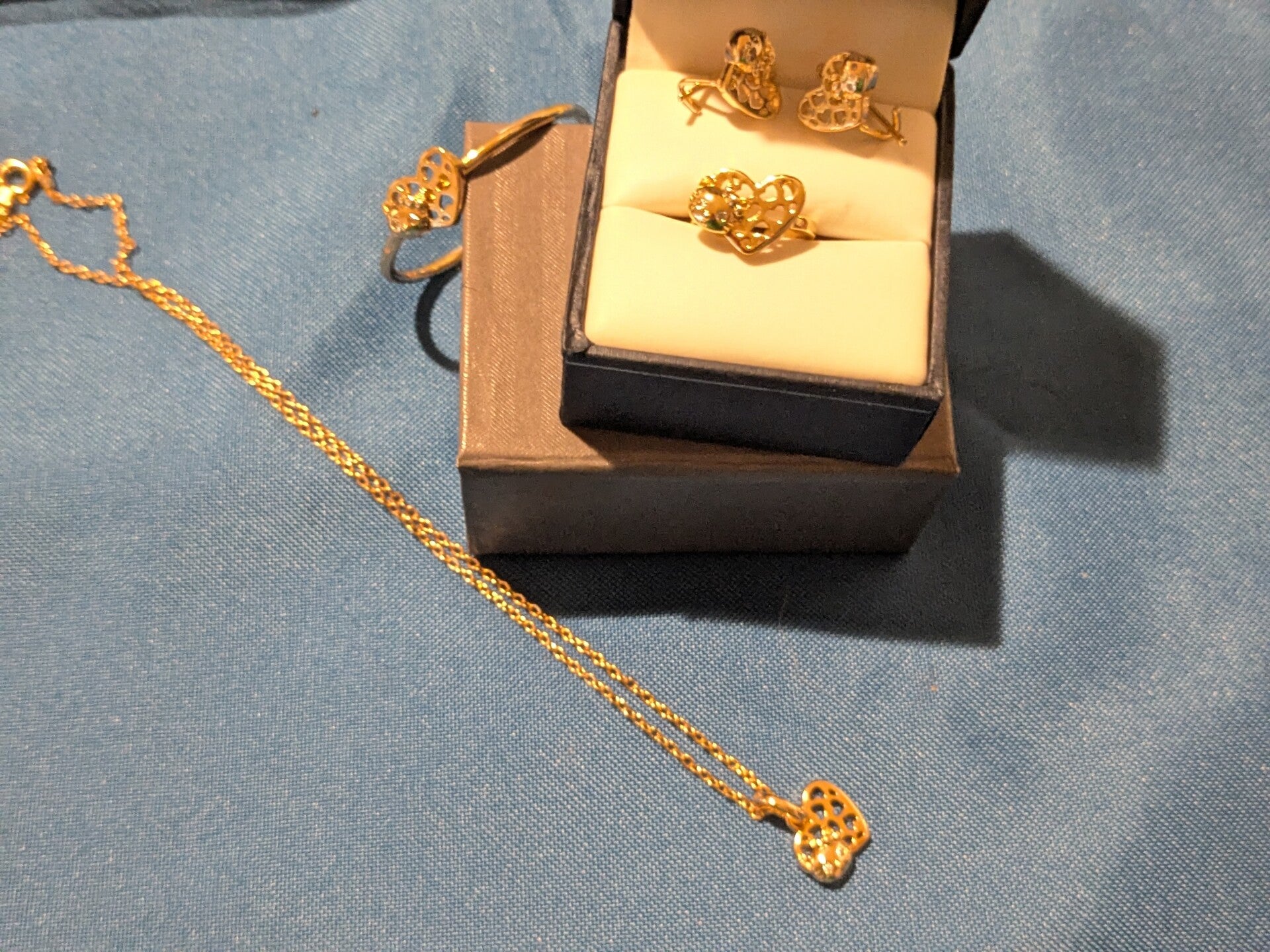 Babies Gold Plated Set, Necklace, Earrings, Ring and Bracelet with Beautiful Gold Heart and Cat Design