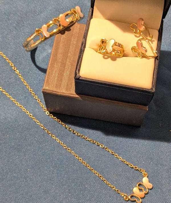 Girls Gold Plated Necklace, Earrings, Ring and Bracelet with Beautiful Butterfly Design