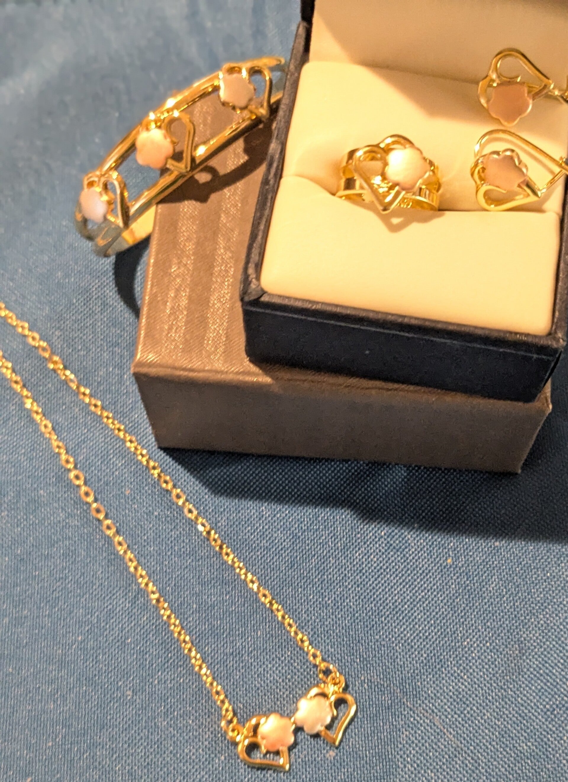 Girls Gold Plated Necklace, Earrings, Ring and Bracelet with Beautiful Heart with Flower Design