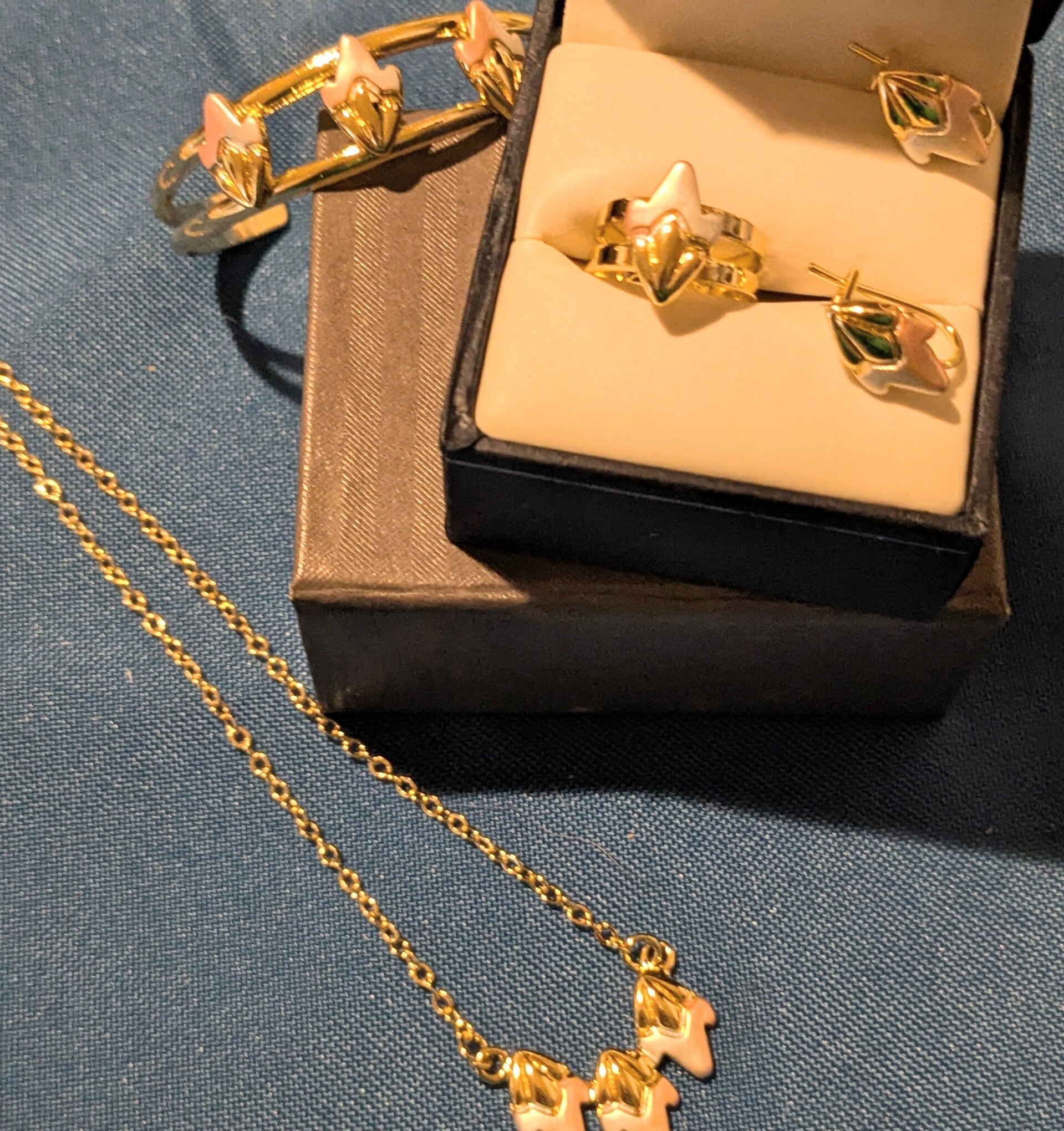Girls Gold Plated  Necklace, Earrings, Ring and Bracelet with Beautiful Gold/Rose Gold Leaf like Design