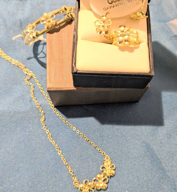Girls Gold Plated Necklace, Earrings, Ring and Bracelet with Beautiful  Flower Design