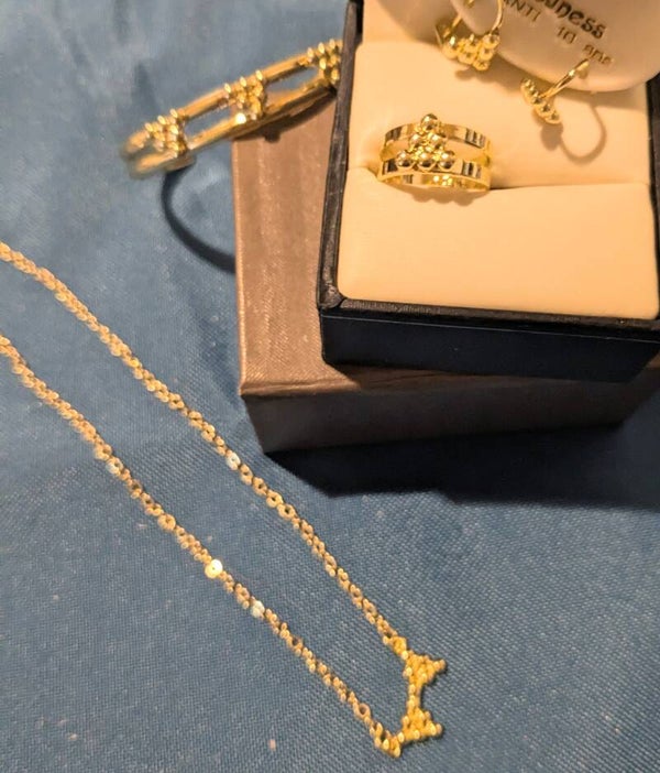 Girls Gold Plated Necklace, Earrings, Ring and Bracelet with Beautiful Dotted upside down Triangle Design