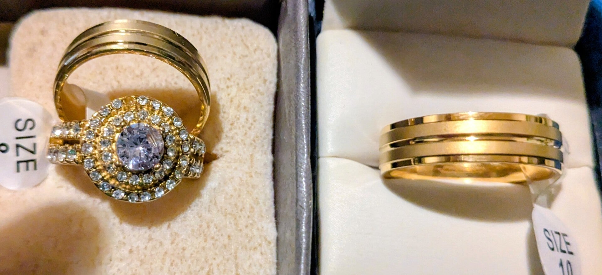 Wedding set Gold plated CZ on band and around Large Stone with double  stye