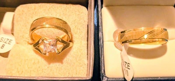 Wedding set Gold plated  Large CZ Princess Cut Stone with Beautiful Bands