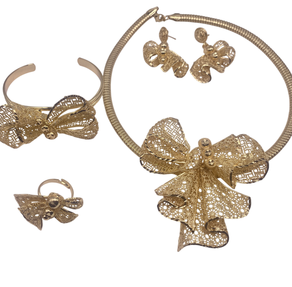 Women Beautiful Gold Tone Hollow Bow with Design in Center of Necklace with Earrings, Bracelet and Ring