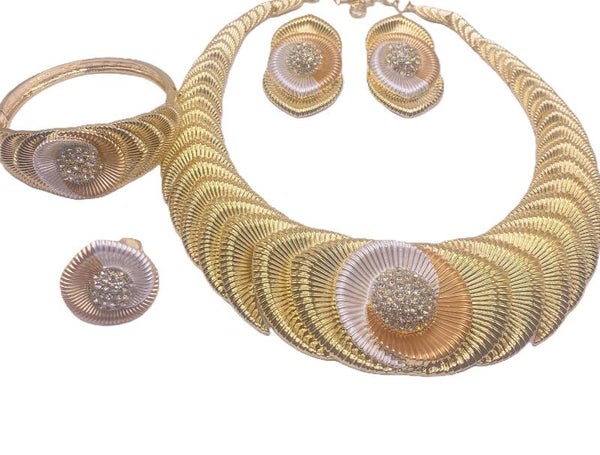 Women Gold/Silver/Rose Tone Beautiful Necklace, Bracelet, Ring and Earrings. Elegant Design With Cz Stone in the Center.