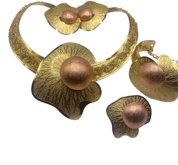 Women Gold/Rose Tone Beautiful Necklace, Bracelet, Ring and Earrings. Elegant Hollow Design With Rose Circle in the Center.