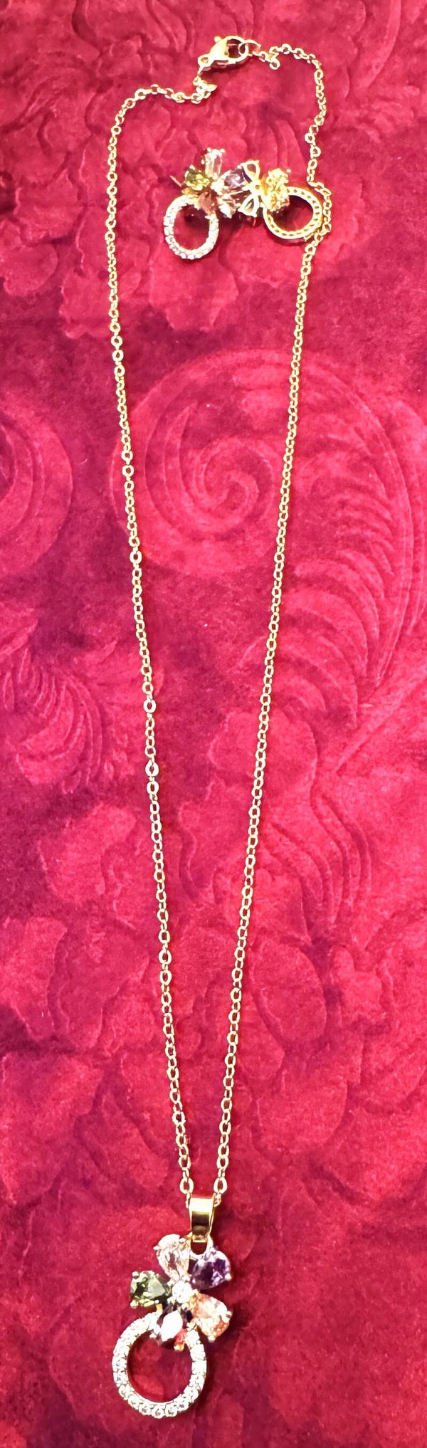 Women Gold Plated Necklace and Earrings. Beautiful Circle With CZ and a Flower design With Colorful Stones