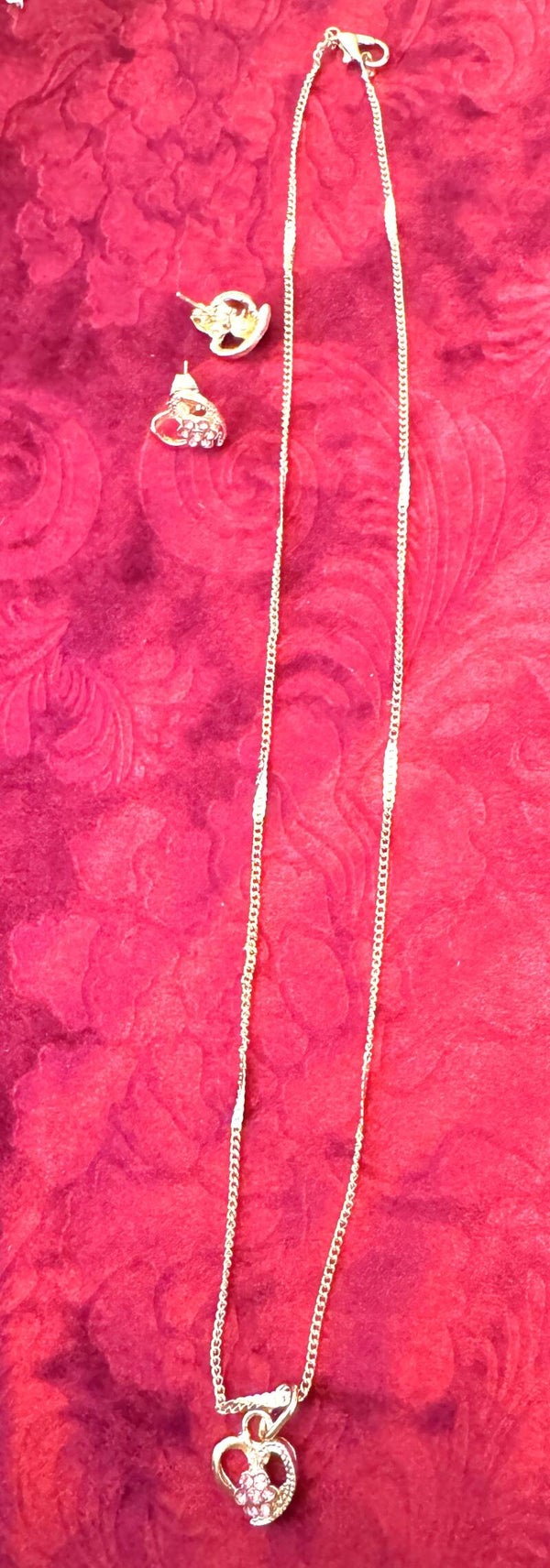 Women Gold Plated Necklace and Earrings. Beauitful Gold Heart With Cz and Pink Stone Flower