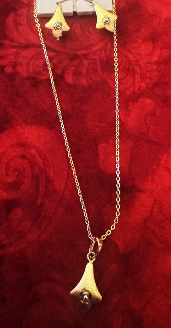 Women Gold Plated With Silver and Rose Color  Necklace and Earrings. Beautiful Design with Silver Color Flower in the Center