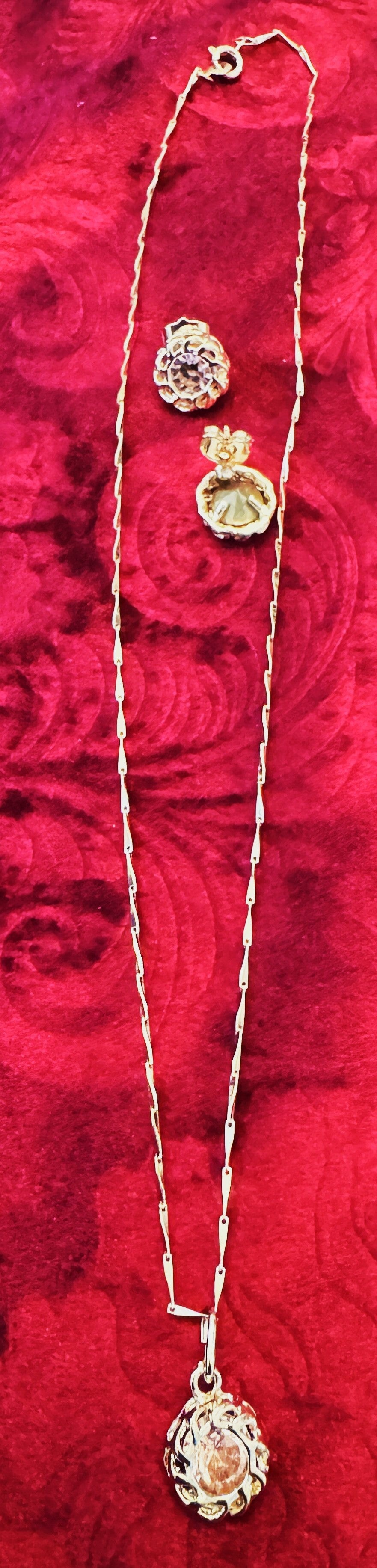 Women Gold Plated Necklace and Earrings with Pink CZ in Center Beautiful Oval Design