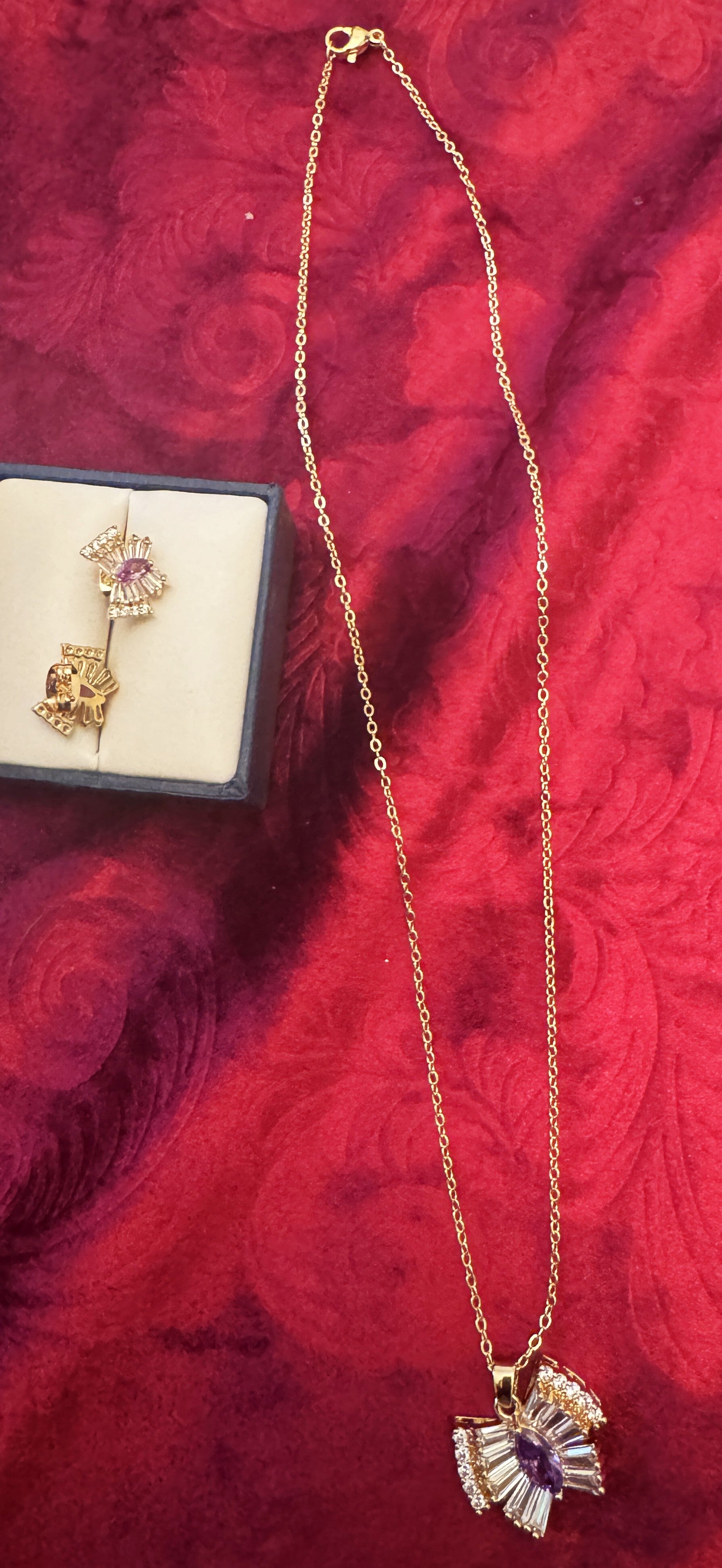 Woman Gold Plated Necklace and Earrings with Beautiful CZ Butterfly and Purple Stone in center