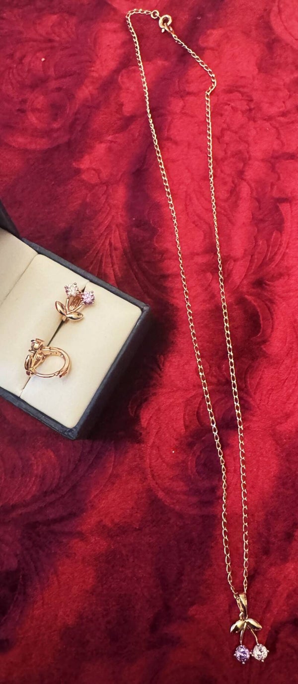 Woman Gold Plated Necklace and Earrings with Beautiful Cherry Drop with Purple and Clear CZ