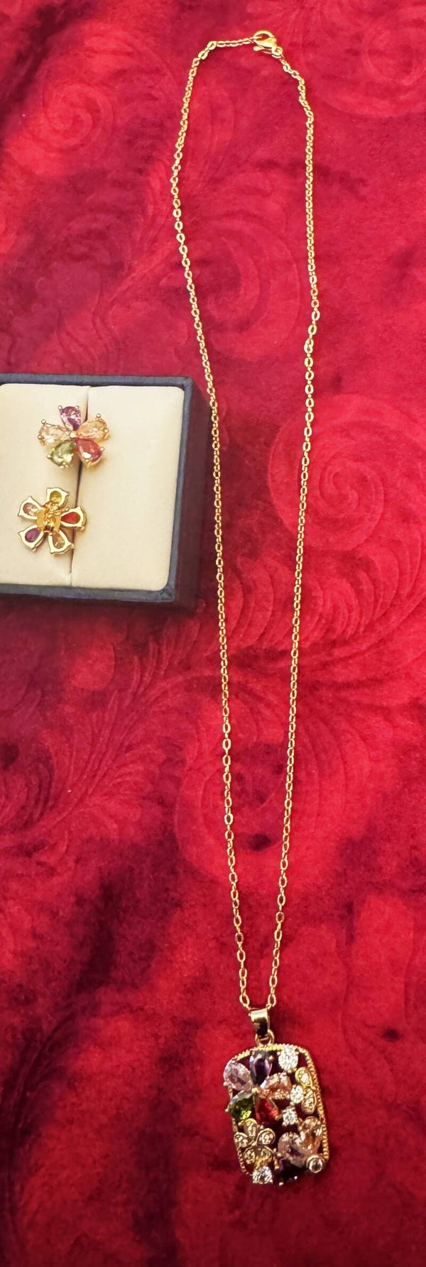 Woman Gold Plated Necklace and Earrings Rectangle Shape with Beautiful Flower Design and Colorful CZ Stones