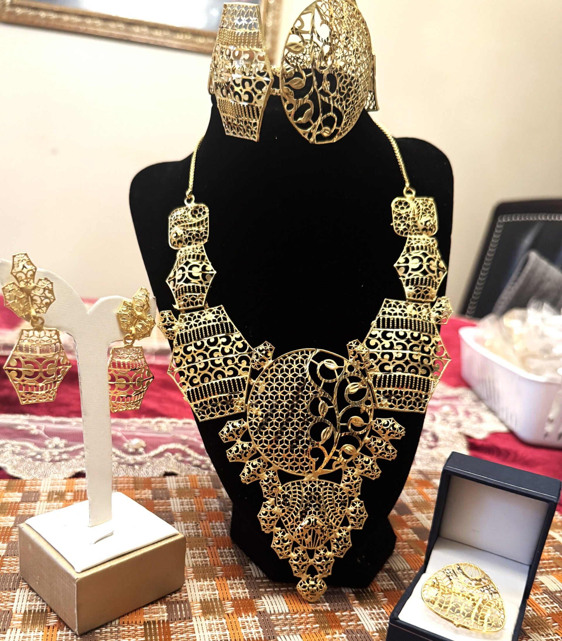 Beautiful Gold Tone Large Necklace, Ring, Bracelet and Earrings with Large Designs