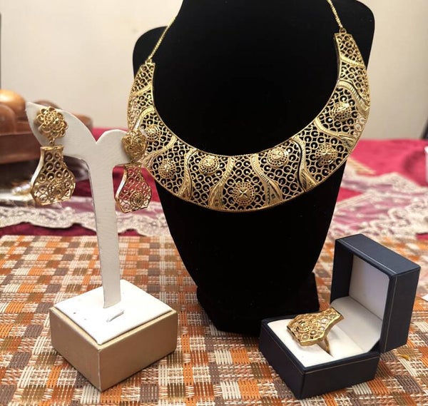 Beautiful Gold Tone Large Necklace, Ring, and Earrings with Traditional Temple like Design