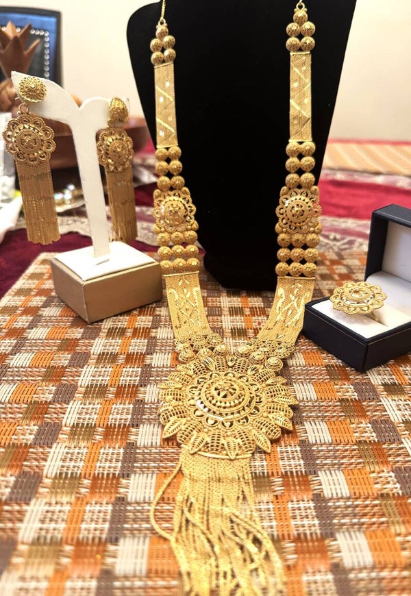 Beautiful Gold Tone Long Necklace, Ring, and Earrings with Elegant Indian  Rani Haar Intricate Patterns Design