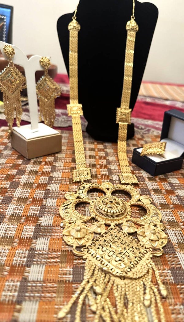 Beautiful Gold Tone Long Necklace, Ring, and Earrings with Elegant Indian Design