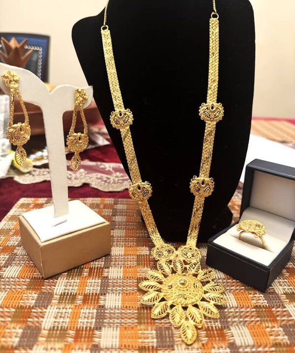 Beautiful Gold Tone Long Necklace, Ring, and Earrings with Many Elegant Design