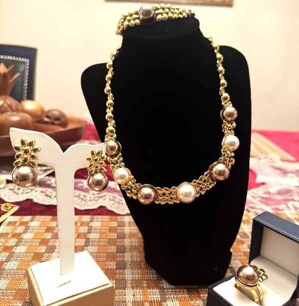 Beautiful Gold Tone Necklace, Bracelet, Ring and Earrings with  Bronze and White Like Pearl