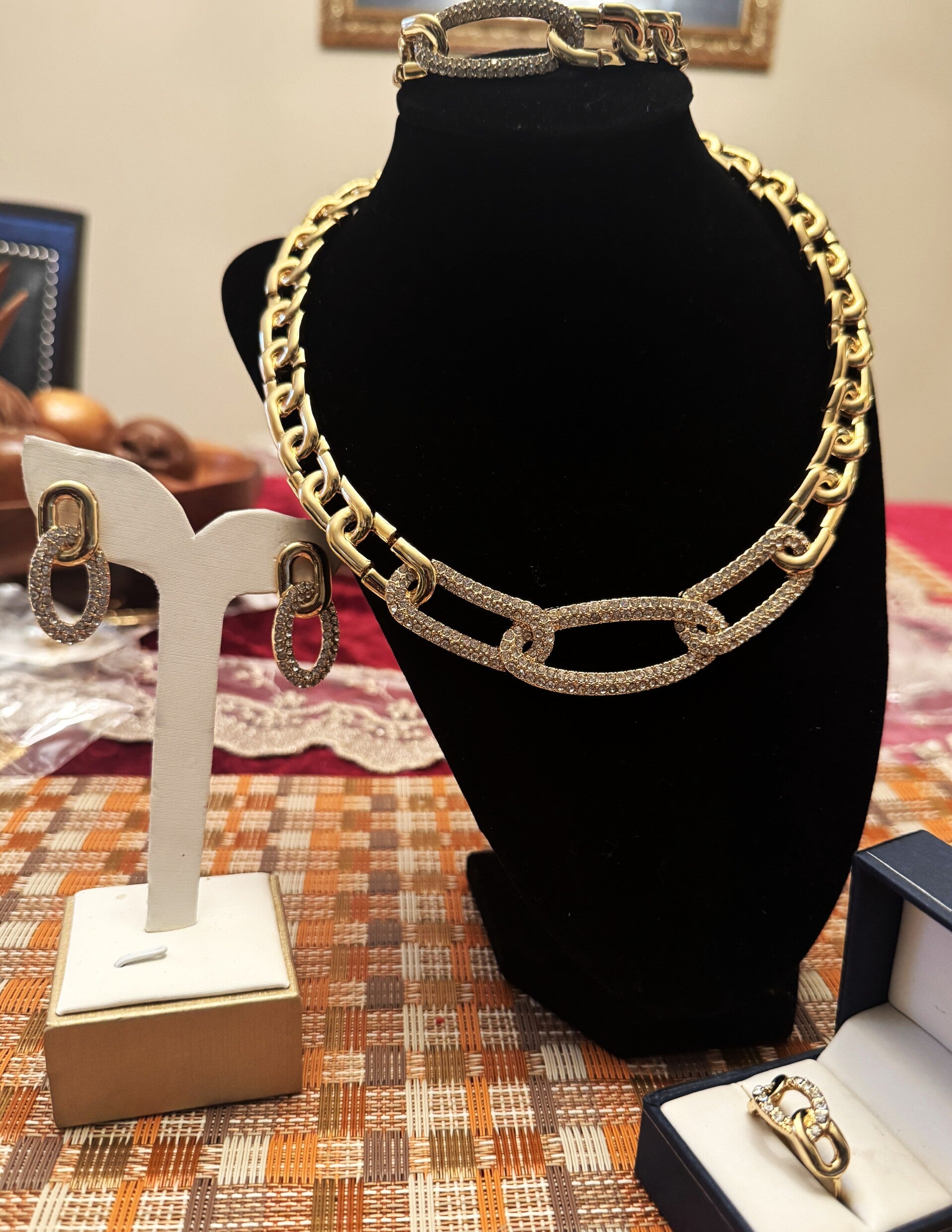 Beautiful Gold Tone Link Necklace, Bracelet, Ring and Earrings with with CZ Design