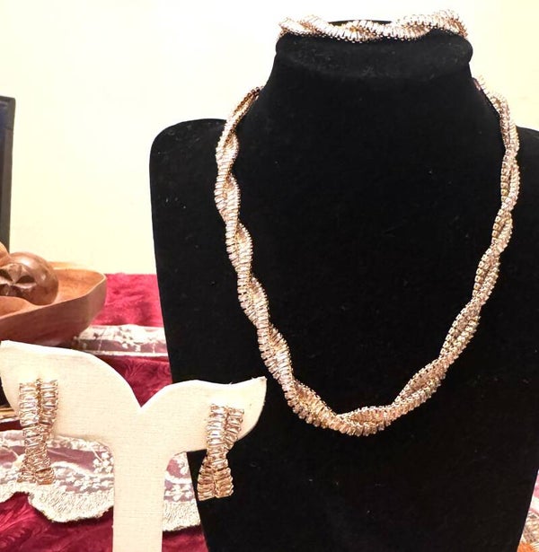 Beautiful Women Gold Tone Necklace, Bracelet and Earrings with Large CZ Stones Throughout Double Design