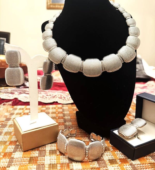Beautiful Women Silver Tone Necklace, Bracelet, Ring and Earrings with Square in Square Designs and White CZ Stones