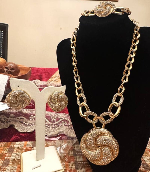 Beautiful Gold Color Necklace, Bracelet and Earrings Large Chain with White Stones Throughout