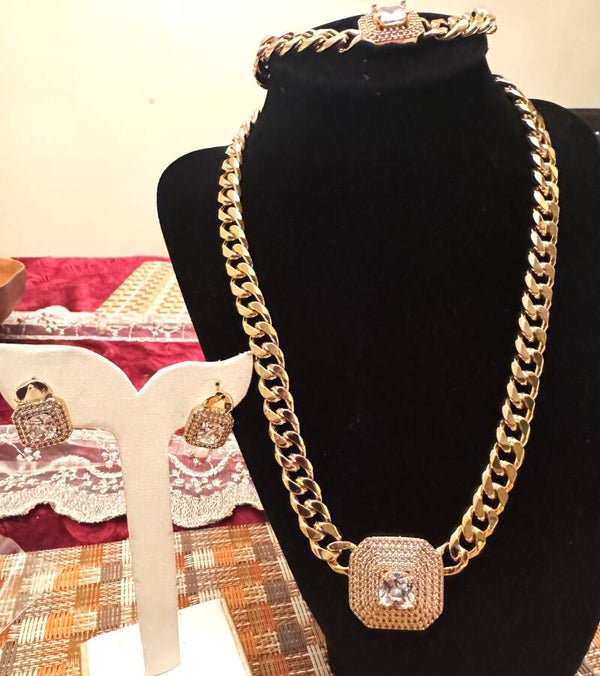 Beautiful Gold Color Necklace, Bracelet and Earrings Elegant Thick Chain with Square n White Stones Design